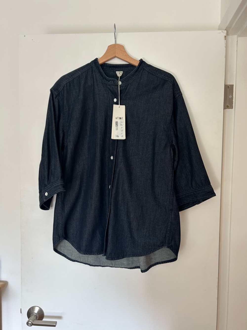 ARKET collarless 3/4 sleeve raw denim button up shirt - Picture 7 of 8